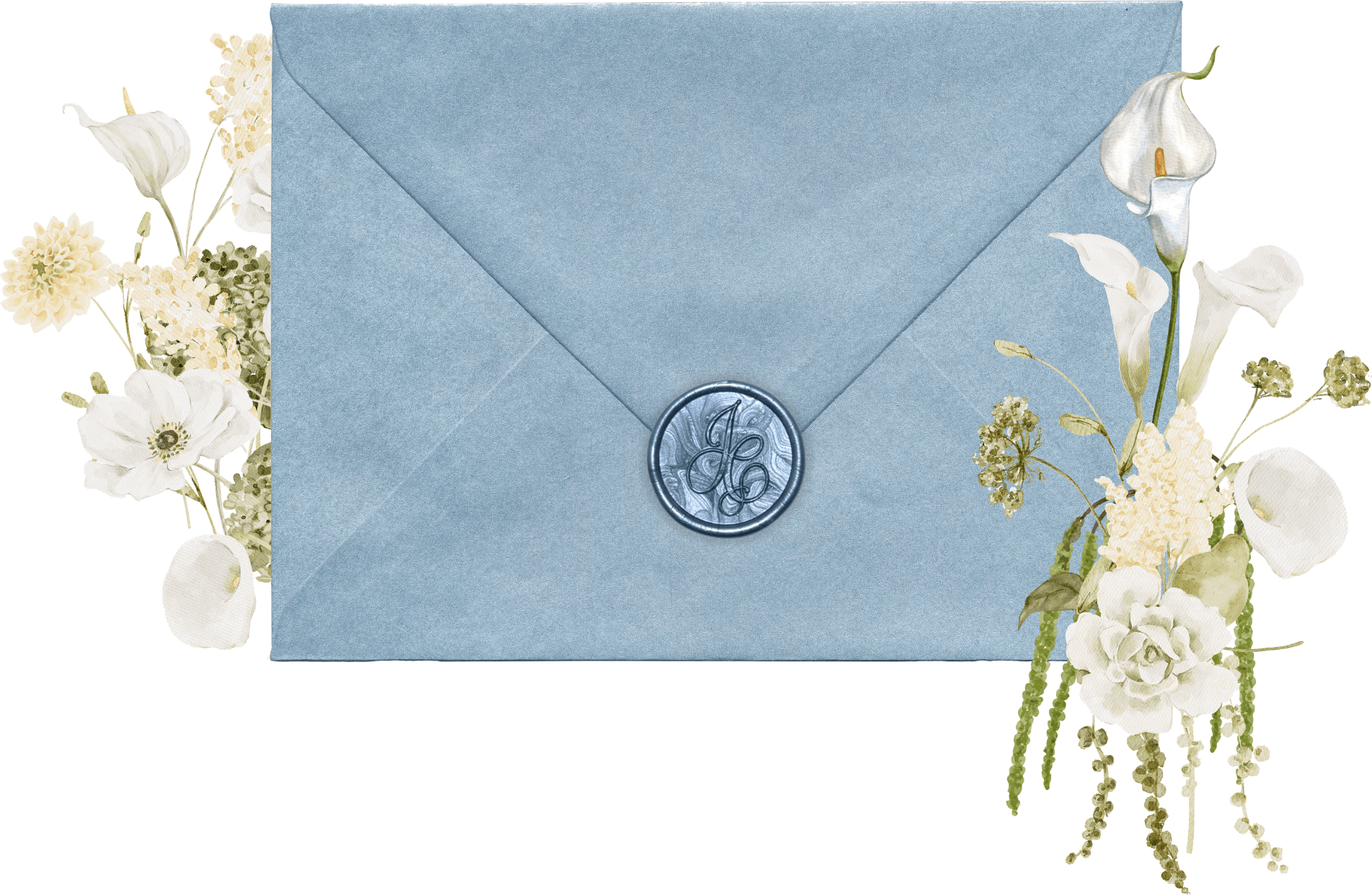 Dusty-blue envelope with white flowers and wax seal