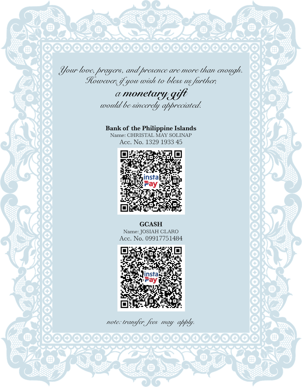 Gift guide card with the couple's message, Bank of the Philippines Islands account details for Christal May Solinap, GCash account details for Josiah Claro, a QR code for each, and a note that transfer fees may apply